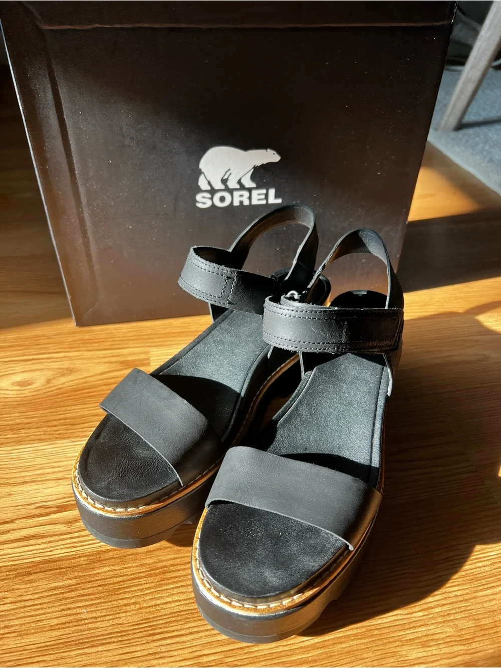 Sorel Joanie Black Platform Sandals with Ankle Strap